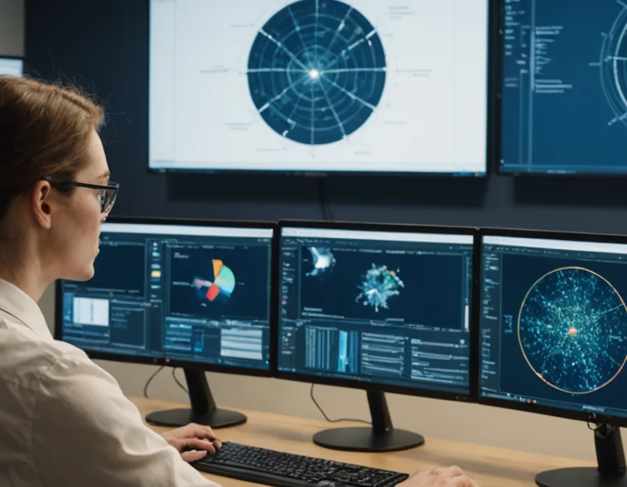 Two researchers reviewing computational drug discovery results on monitors in a modern research office